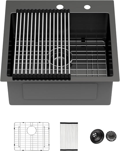 21 Inch Drop In RV Bar Sink - Beslend 21x20x9 Gunmetal Black Topmount Sink for RV Camper, Outdoor Kitchen Sink Black Stainless Steel Wet Bar with Roll-up Rack, Drain Assembly & Rinse Grid