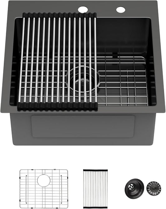 21 Inch Drop In RV Bar Sink - Beslend 21x20x9 Gunmetal Black Topmount Sink for RV Camper, Outdoor Kitchen Sink Black Stainless Steel Wet Bar with Roll-up Rack, Drain Assembly & Rinse Grid