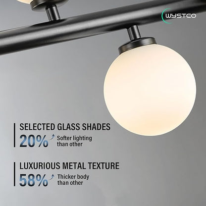 56 Inch Black Linear Chandeliers for Dining Room, Kitchen Island, Living Room, 16-Light Mid Century Modern Light Fixture Over Table, Large Milk White Glass Globe Sputnik Bubble Chandelier