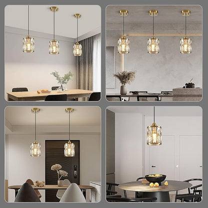 Gold 3 Pack Kitchen Pendant Lighting Over Island Modern Crystal Glass Shade Adjustable Hanging Fixture for Dining Hallway Bedroom Matte