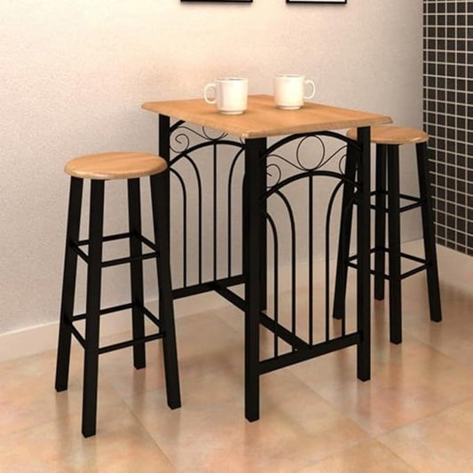 3-Piece Bar Table Set with Stools, Wood and Steel Bistro Set for Kitchen, Living Room, Black and Beige, Space-Saving Dining Furniture, 32.5” H Table, 27.6” H Stools
