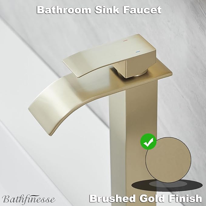 Vessel Sink Faucet Brushed Gold Waterfall Spout Faucet for Bathroom Sink Tall Single Handle One Hole Deck Mount Bowl Vanity Sink Taps with Pop-up Drain Stopper