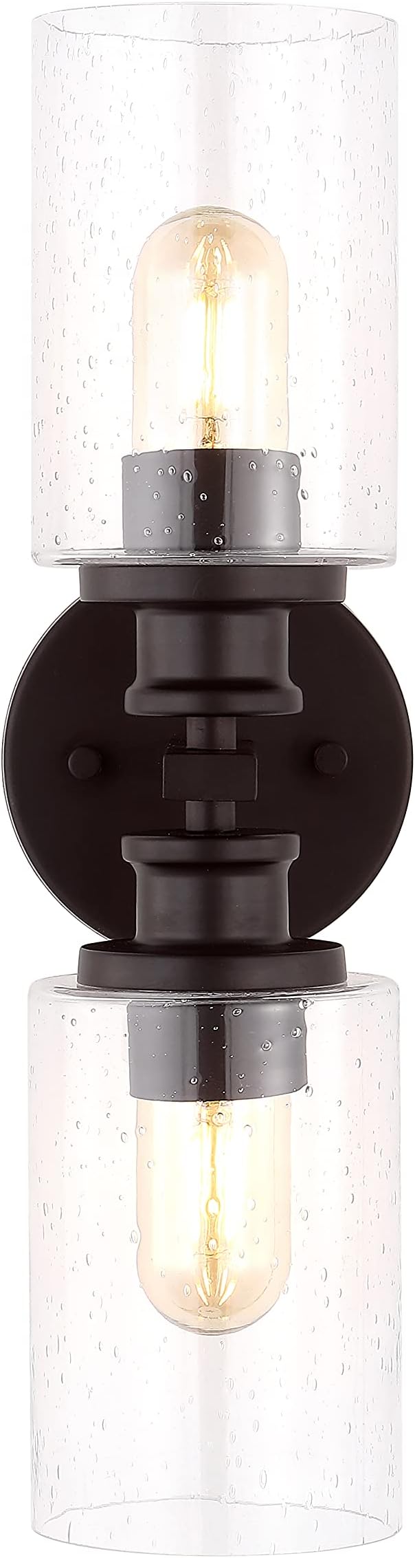 JONATHAN Y 16.5" Oil Rubbed Bronze 2-Light LED Wall Sconce, Modern Farmhouse Vanity Light with Seeded Glass Shade, Industrial Iron Fixture for Bathroom Mirror, LED Bulbs Included (JYL7577B)