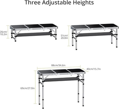 Anbte Folding Camping Table with Storage Net, 3ft Camping Table Aluminum Folding Table with 3 Adjustable Height Max 27.1 Inch Picnic Table Portable Table for Outdoor Backyard BBQ, Black