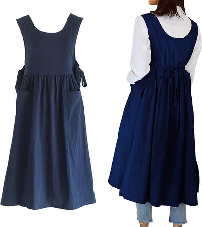 Women Plus Size Cotton Linen Vintage Pleated Split Apron Pinafore Dress with Two Pockets