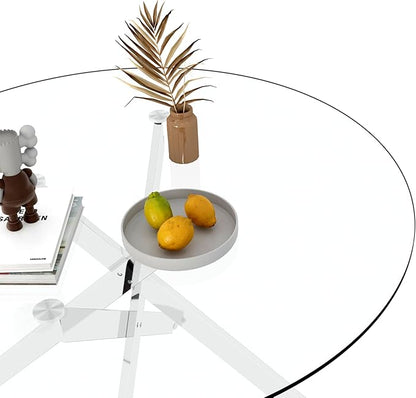 47.25" Round Dining Table for 6, Modern Clear Glass Kitchen Table for 6 with Silver X Metal Legs, Contemporary Small Circle Dining Room Leisure Tables for Kitchen Apartment