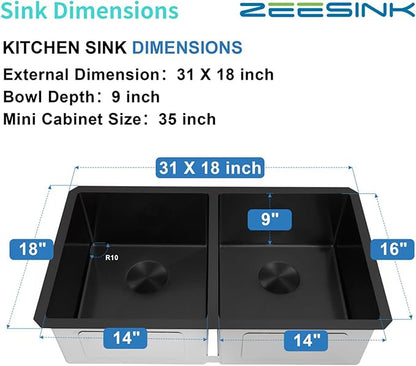 Double Bowl Black Kitchen Sink 31" X 18",50/50 Double Bowl Undermount Kitchen Sinks,16 Gauge Stainless Steel Undermount Black Sink