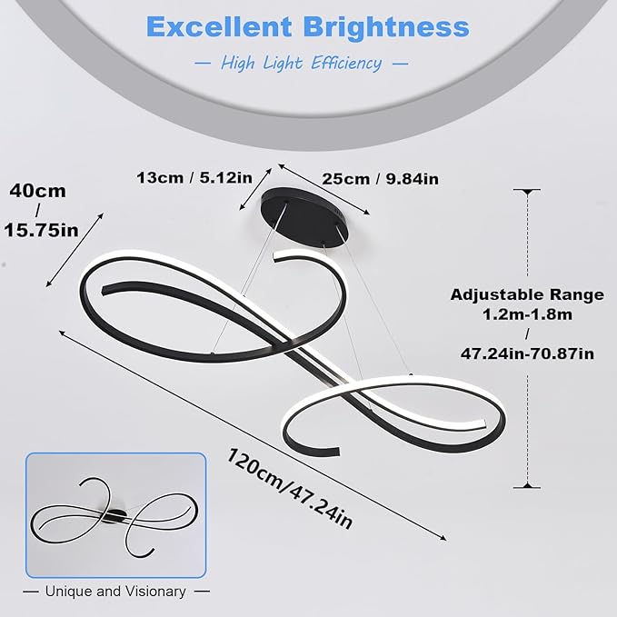 Kitchen Island Lighting, 3-Color LED Dining Room Light Fixture, 47.24" Adjustable Height Led Pendant Lighting for Kitchen Island, Black Chandeliers for Dining Room