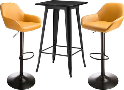 Glitzhome Bar Table and Chairs Set, Square Black Steel Pub Table with Soild Elm Wood Top and Bar Height Adjustable Swivel PU Leather Bar Stool for Breakfast Nook Living Room Small Space Restaurant