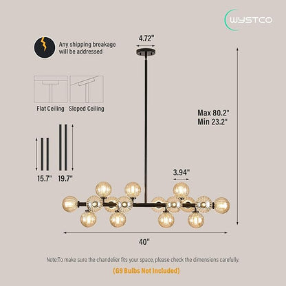 16-Light Globe Sputnik Chandelier, Linear Dining Room Light Fixture Over Table, Mid Century Modern Black Chandeliers for Dining Living Room, Kitchen Island Lighting (Amber Bubble, 40 Inch)