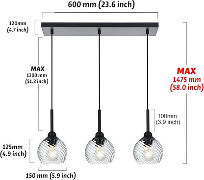 3 Light Linear Island Lights with Striped Swirl Globe Glass, Black Kitchen Hanging Pendant Light Fixture Farmhouse Chandelier for Dining Room Bar Living Room
