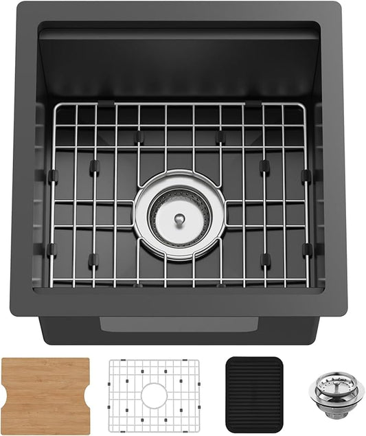 Black 15x15In Kitchen&Bar Workstation Sink- Small Stainless Steel Undermount Single Bowl Bar Sink Built-in Ledge Drop In Workstation Sink With SS Grid Cutting Board,Silicon Mat,Drain Assembly