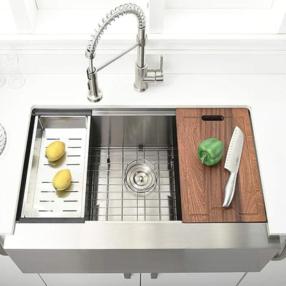 33 Inch Farmhouse Sink Workstation -VOKIM 33X22 inch Farm sink Stainless Steel 16 Gauge Ledge Workstation Flat Apron-front Single Bowl Farm Kitchen Sink