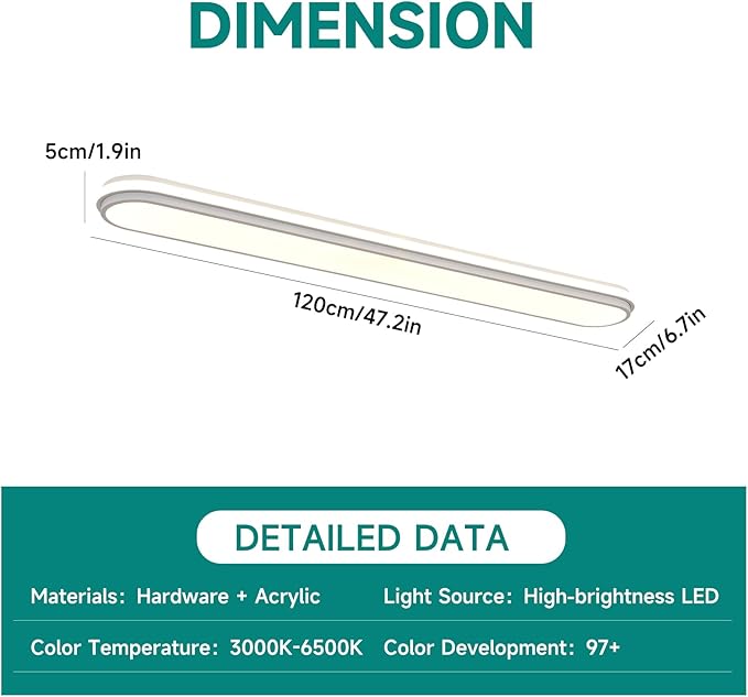Smart 4Ft Linear LED Ceiling Light, 68W Dimmable Flush Mount Wraparound Fixture with Remote Control, Modern Metal Design, Suitable for Energy-Saving LED Lighting for Home Use