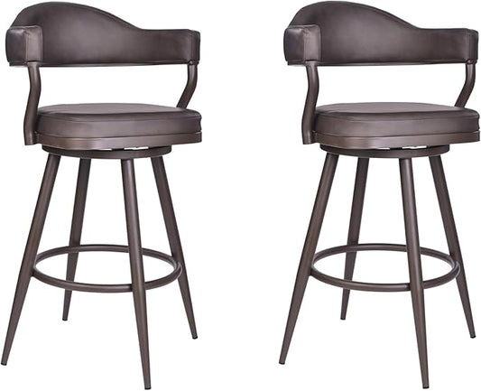 Armen Living Justin Modern Farmhouse 30" Seat Height Swivel Vintage Brown Faux Leather Bar Stool with Brown Metal Legs for Kitchen Island Counter, Set of 2