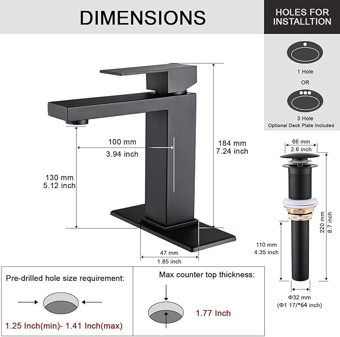 AVSIILE Matte Black Bathroom Faucet, Single Hole Vanity Bath Faucet, Single Handle Modern Stainless Steel Bathroom Faucets for Sink 1 Hole with Pop Up Drain Stopper & Water Supply Hoses