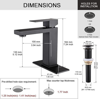 AVSIILE Matte Black Bathroom Faucet, Single Hole Vanity Bath Faucet, Single Handle Modern Stainless Steel Bathroom Faucets for Sink 1 Hole with Pop Up Drain Stopper & Water Supply Hoses