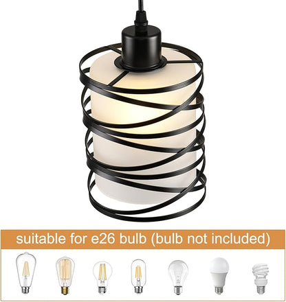 3 Pack Pendant Light Kitchen Island Pendant Lighting, Hanging Light with Spiral Cage Frosted Glass Shade, Black Modern Indoor Hanging Lamp