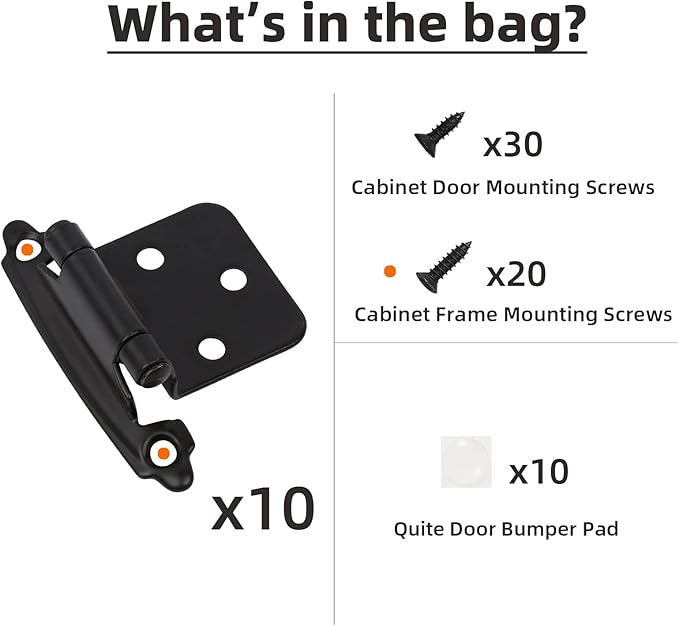 Decobasics 1/2" Overlay Matte Black Cabinet Hinges (5 Pair -10 Pcs) Self Closing Bath & Kitchen Cabinet Hinges Black Flush Mount w/Door Bumpers & Upgraded Screws