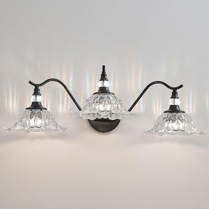 Vintage Bathroom Vanity Light Fixtures - 3 Light Antique Matte Black Bathroom Lights Fixture Over Mirror with Clear Flower Glass,Retro High End Wall-Mounted Vanity Lighting for Bath Powder Room