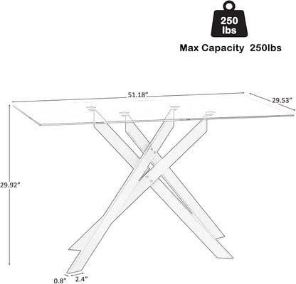 Henf 51.2'' Glass Dining Table for 4-6 People, Rectangle Kitchen Table with Silver Metal Legs, Tempered Glass Top Dining Room Table for 4, Dining Table for Dining Room Home Kitchen