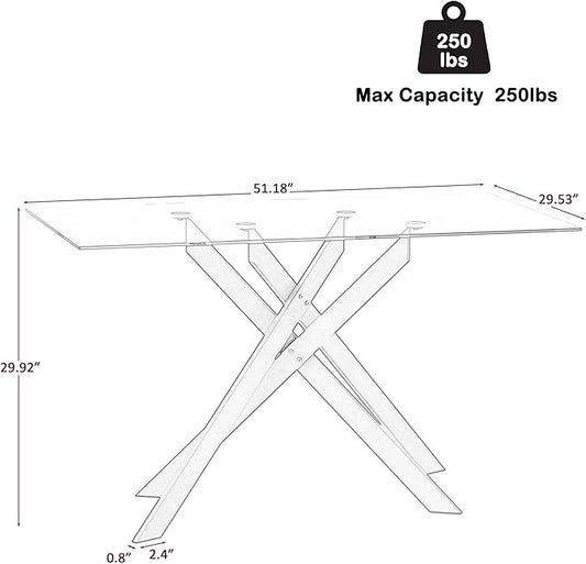 Henf 51.2'' Glass Dining Table for 4-6 People, Rectangle Kitchen Table with Silver Metal Legs, Tempered Glass Top Dining Room Table for 4, Dining Table for Dining Room Home Kitchen