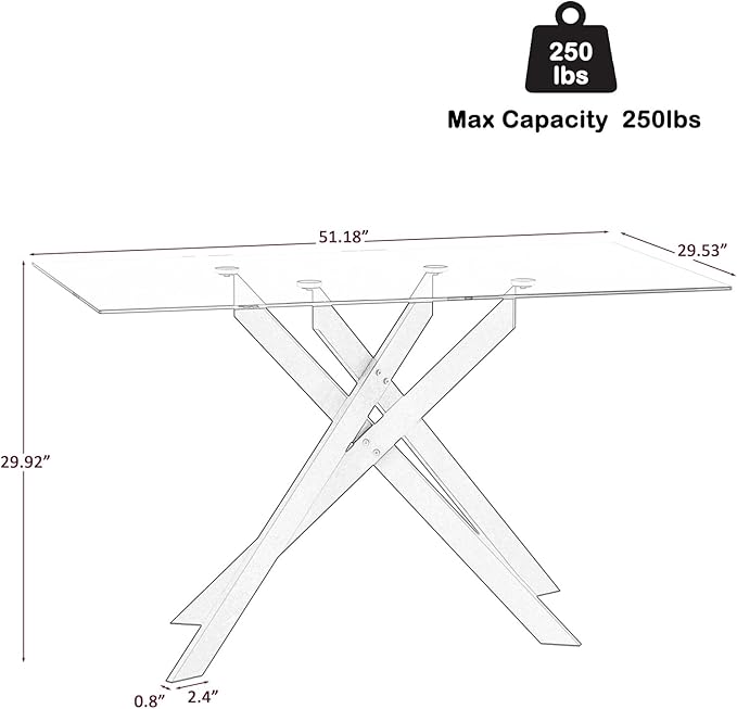 51.2'' Glass Dining Table for 4, Rectangular Dining Room Table for 4, X-Shape Black Metal Legs, Kitchen Dining Room Living Room Black Glass Top Kitchen Table for 2