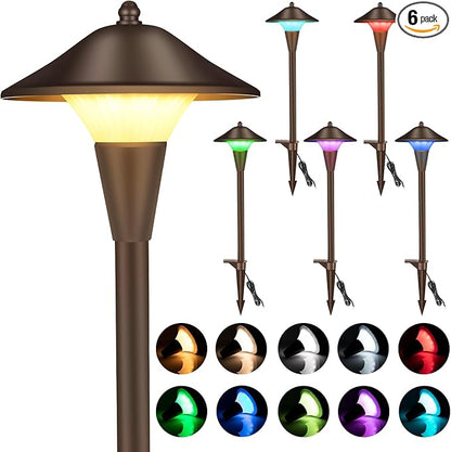 Low Voltage Path Lights, 12V 5W LED RGB Wired Landscape Path Lights Outdoor for Driveway Walkway Pathway, RGB Color Changing for Christmas Party Halloween, IP65, ETL, Bronze, Pack of 6