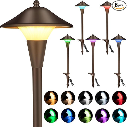 Low Voltage Path Lights, 12V 5W LED RGB Wired Landscape Path Lights Outdoor for Driveway Walkway Pathway, RGB Color Changing for Christmas Party Halloween, IP65, ETL, Bronze, Pack of 6