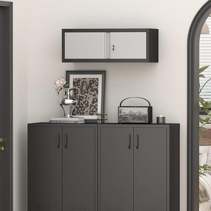 IRONFFICE Metal Wall Cabinet with Doors,Garage Storage Cabinet Wall Mounted,Lockable Cabinets for Home Office,Garage,Warehouse,Grey-Black