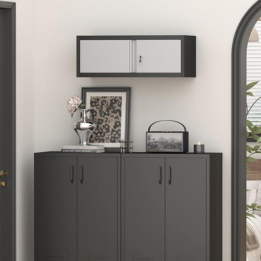 IRONFFICE Metal Wall Cabinet with Doors,Garage Storage Cabinet Wall Mounted,Lockable Cabinets for Home Office,Garage,Warehouse,Grey-Black
