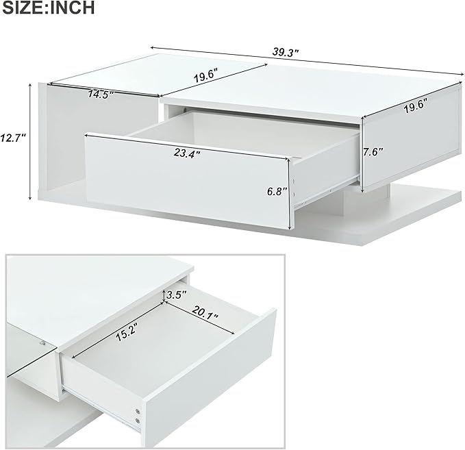Modern Coffee Table with Tempered Glass, Wooden Cocktail Table with High-Gloss UV Surface, Modernist 2-Tier Rectangle Center Table for Living Room, White