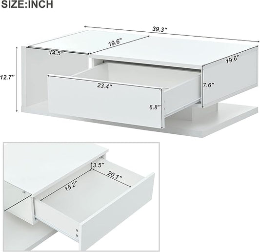 Modern Coffee Table with Tempered Glass, Wooden Cocktail Table with High-Gloss UV Surface, Modernist 2-Tier Rectangle Center Table for Living Room, White