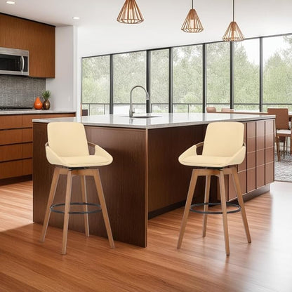 Armen Living Baylor Mid Century Modern Swivel Bar Stool for Kitchen Island Counter in Cream Faux Leather and Walnut Wood, 26" Seat Height