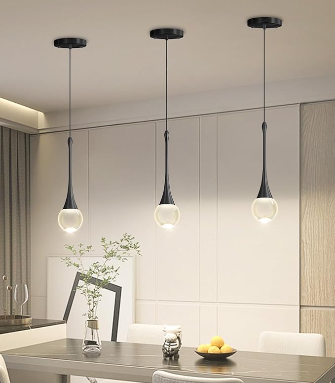 Modern Pendant Light LED Crystal Chandelier for Kitchen Island Dimmable Crystal Pendant Lighting for Dining Room Bedroom Black