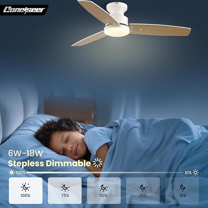 Modern Ceiling Fans with Lights, 42 Inch Ceiling Fan with Light and Remote, Bedroom Living Room Office Outdoor, Flush Mount,18W 3CCT 3 Blades 6 Speed Reversible Quiet DC Motor, White/Wood Grain