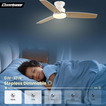 Modern Ceiling Fans with Lights, 42 Inch Ceiling Fan with Light and Remote, Bedroom Living Room Office Outdoor, Flush Mount,18W 3CCT 3 Blades 6 Speed Reversible Quiet DC Motor, White/Wood Grain