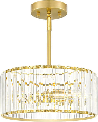 Gold Crystal Chandelier for Dining Room, 3-Light Modern Semi Flush Mount Ceiling Pendant Light Fixture, Round Pendant Lights Kitchen Island, Chandelier for Living Room Bedroom Hallway Entryway, E12