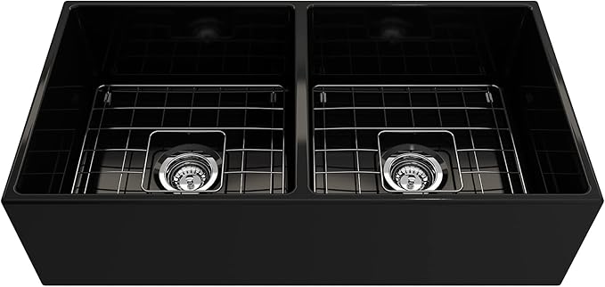 BOCCHI Contempo Farmhouse Apron Front Fireclay 36 in. Double Bowl Kitchen Sink with Protective Bottom Grid and Strainer in Black