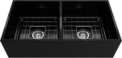BOCCHI Contempo Farmhouse Apron Front Fireclay 36 in. Double Bowl Kitchen Sink with Protective Bottom Grid and Strainer in Black