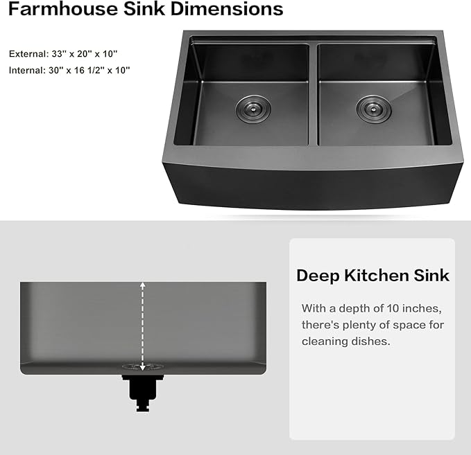 Black Double Farmhouse kitchen Sink,16-Gauge SUS304 Stainless Steel Farm Sinks, 50/50 Apron Front Features Workstaion Sink With Accessories,33''×20''×10" Large and Deep Double Kitchen Sinks