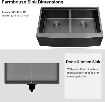 Black Double Farmhouse kitchen Sink,16-Gauge SUS304 Stainless Steel Farm Sinks, 50/50 Apron Front Features Workstaion Sink With Accessories,33''×20''×10" Large and Deep Double Kitchen Sinks