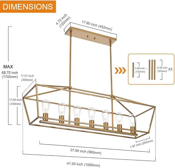 VINLUZ Gold Chandelier, Modern 7 Lights Metal Light Fixture for Dining Room Farmhouse Metal Kitchen Island Lighting Large Rectangle Hanging Pendant Lighting for Living Room Foyer Bedroom