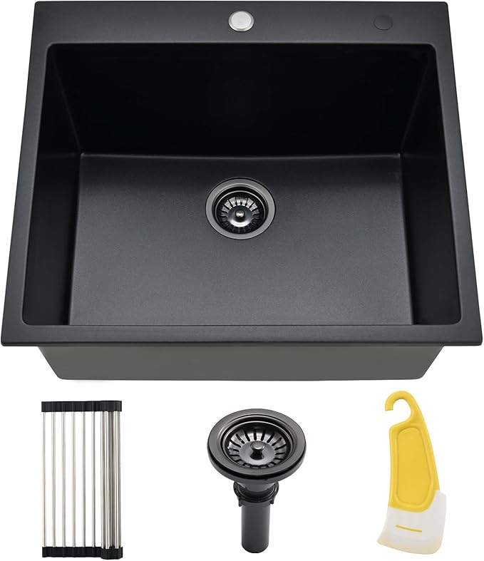 25x22 Drop In Kitchen Sink, Matte Black Granite Composite Quartz Drop In Sink Single Bowl Outdoor Kitchen Sink 25-inch Utility Drop-In/Topmount with Small Rubber Squeegee