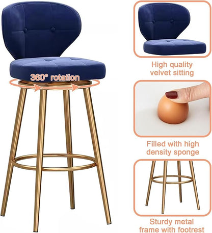 Counter Height stools Set of 2, 360° s with Back and Footrest, Thickened Upholstered Cushion, Tall Chairs for Kitchen Island, Dining Room, Home, Cafe,Blue-Sitting Height 65cm