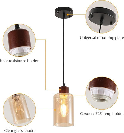 Modern Wood Pendant Lighting for Kitchen Island, Farmhouse Pendant Light Fixtures 3 Pack, Adjustable Hanging Ceiling Light with Amber Glass Shade