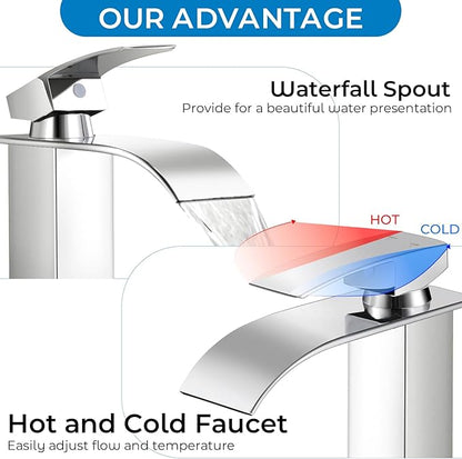 Chrome Bathroom Faucets, Waterfall Bathroom Sink Faucet Modern Single Handle Bathroom Faucte 1 or 3 Hole, RV Mixer Tap Vanity Faucet - Includes Pop-up Drain Supply Hoses Deck Plate