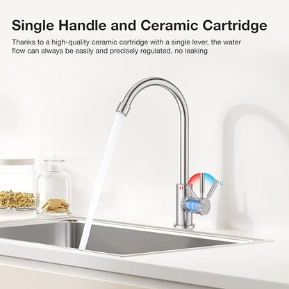 CREA Brushed Faucet for Kitchen Bar Outdoor Sink 1 Hole 3Holes(with Deck Plate)，High Arc 360°Swivle Single Handle Tap Brushed 304 Stainless Steel