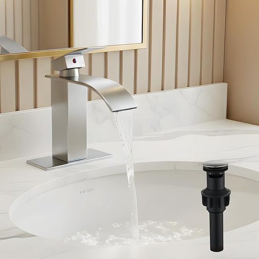 Bathroom Sink Faucet, Waterfall Bathroom Faucet with Pop-up Drain, Supply Hoses and Deck Plate, Suitable for 1 or 3 Holes, Silver