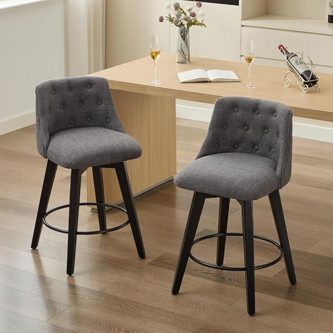 Swivel Counter Chairs, Modern Linen Fabric with Button-Tufted Backrest, Stylish Bar Stools, Set of 2 for Bar, Kitchen Island, Dining Room, White (Dark Gray + Linen + Foam)